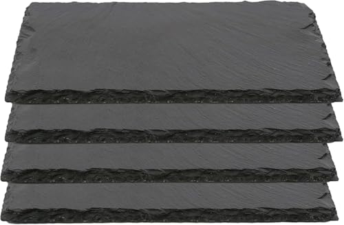 pcmoviles Plato Llano de Pizarra Natural – Pack 4 Bandejas 25 x 15 cm | Platos para Sushi, Tapas, Quesos y Aperitivos | Fuente de Cocina Decorativa, Negra