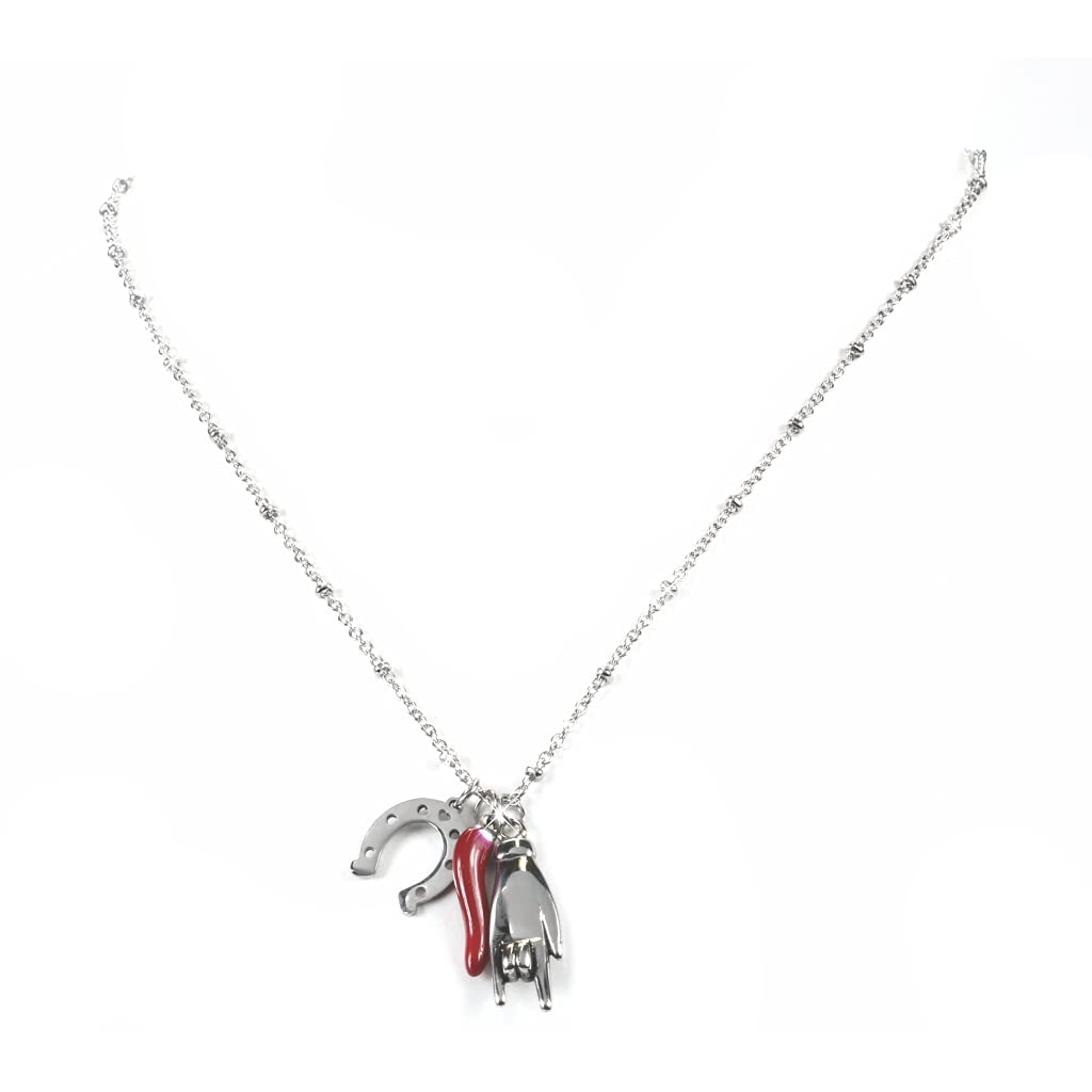 Flowers Collana in Acciaio color Oro, Rosa o Argento Portafortuna con 3 Ciondoli Corno Rosso Ferro di Cavallo e Mano Corna catenina Elegante con anelli e piccole sfere