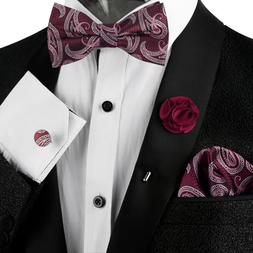 Image of Alizeal Mens 4pcs Vintage Paisley Bow Tie Set | Pre-tied Pocket Square Cufflinks Boutonniere for Wedding Everyday Use