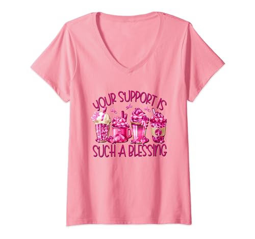 Breast Cancer Survivor Latte For Women Pink Ribbon Coffee V-Neck T-Shirt