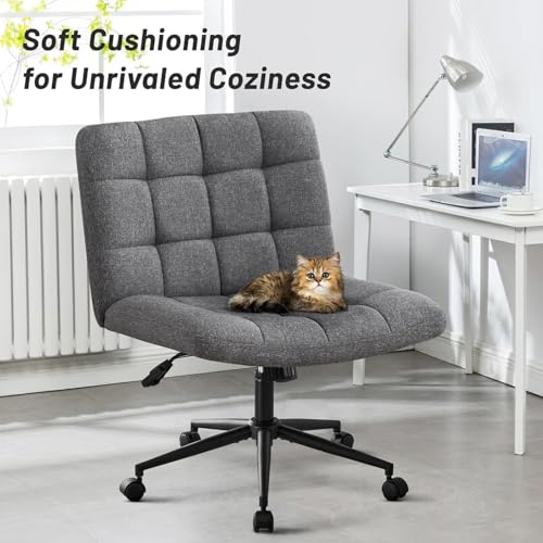 Image of Nutech Decor Armless Office Desk Chair - Linen Fabric Padded Swivel Adjustable Home Office Chair with 360 Wheels, Wide Criss Cross for Desk, Living Room (ND-Linen-Darkgrey-Wheel)