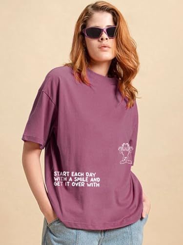 Image of Bewakoof X Garfield Garfield Women's 100% Cotton Graphic Print Oversized Fit Half Sleeve V-Neck T-Shirt | Casual wear | Streetwear | Oversized Tshirt for Woman Cotton| Baggy