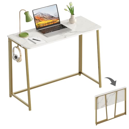 WOHOMO Folding Desk, Small Writing Desk, Space-Saving Foldable Laptop Table Writing Workstation for Home Office, Easy Assembly, White and Gold