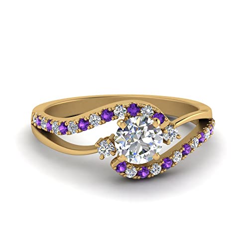 Image of Choose Your Gemstone Swirl 3 Stone Diamond CZ Engagement Ring Yellow Gold Plated Round Shape Side Stone Engagement Rings for Women, Girls and Ladies US Size 4 to 12