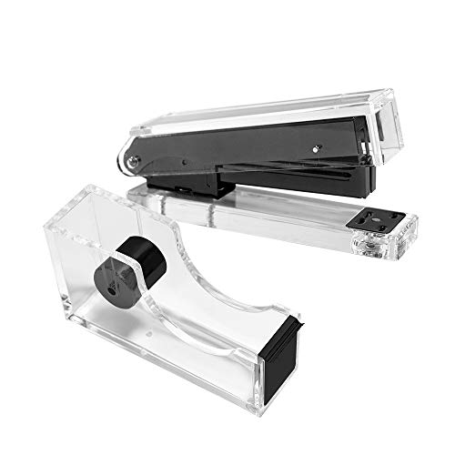 Desktop Clear Tape Dispenser Stapler Set Acrylic Black Heavy Duty Nonslip Tape Cutter with Standard 24/6 26/6 Office Stapler Set for Office Stationery Supplies