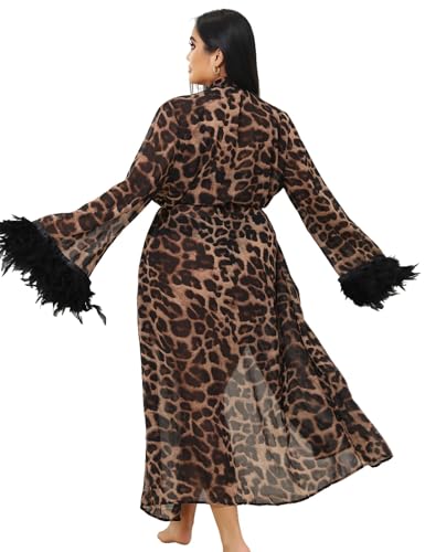 Image of comeondear Women's Leopard Print Long Kimono Robe Sexy Mesh Lingerie Nightwear with Detachable Black Feather Cuffs Plus Size Sheer Dressing Gown with Belt L