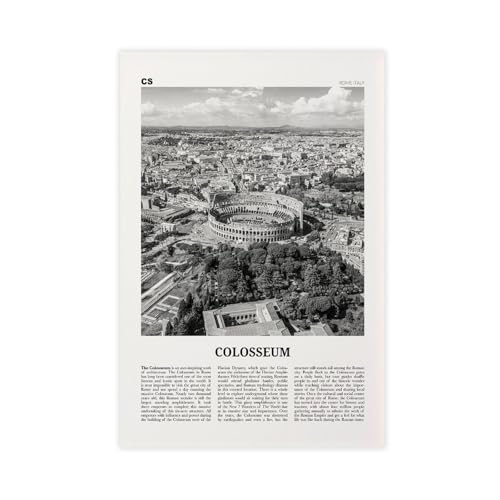 NEOHI Stampa artistica da parete con Colosseo in bianco e nero, mappa della città di Roma, Italia, con immagine di viaggio, per casa, bar, ristorante, garage, caffetteria, idea regalo, 40 x 60 cm
