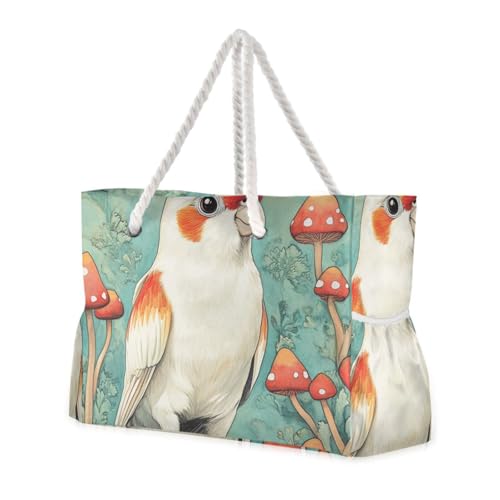 Cute Cartoon Cockatiel Mushroom Sandproof Women Tote Bags with side pocketes Bag With Zipper for Pool Gym Grocery Travel