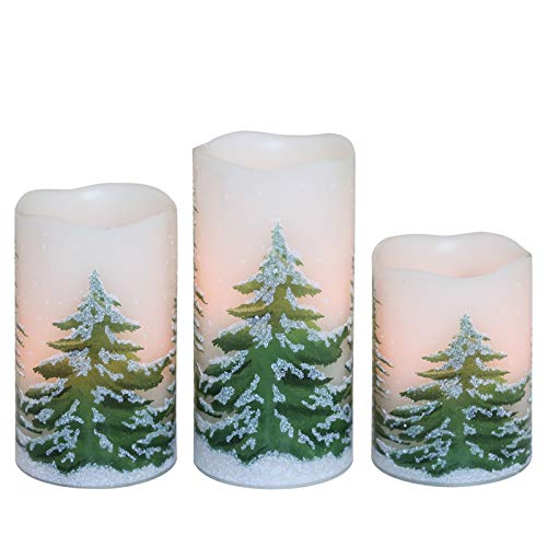 DRomance Christmas Flameless Candles with 6 Hour Timer, 3 Pack Real Wax LED Pillar Candles Warm Light Flickering Holiday Decor(Green Christmas Tree, 3 x 4,5,6 Inches)