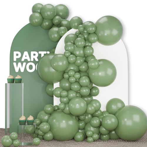 Image of PartyWoo Sage Green Balloons 140pcs Different Sizes Pack of 18 12 10 5 Inch Olive Eucalyptus Dusty Green Boho Neutral Balloon Arch Kit for Jungle Forest Dinosaur Birthday Party Decorations Green-F81