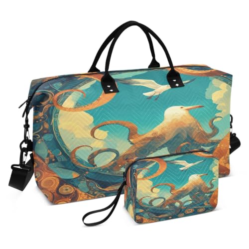 Sac à main de week-end poulpe abstrait design de dessin animé original avec sa trousse assortie