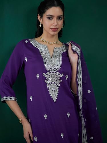 Image of INDO ERA Women's Embroidered Silk Blend Calf Length Straight Kurta Trouser With Dupatta Set