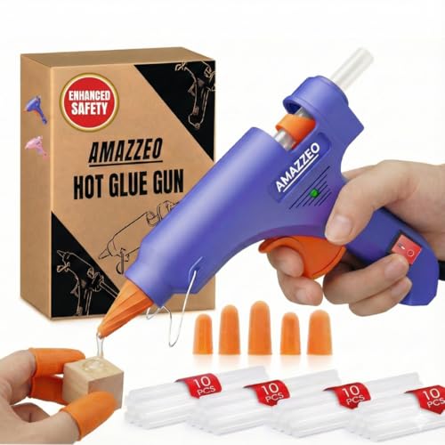 Amazzeo Hot Glue Gun and Sticks Set 40pcs with 5 Fingers Safety Caps - High Temp Fast Reheating Mini Glue Gun for School Projects & Quick Repairs Small Glue Gun for DIY Crafts with No Leakage