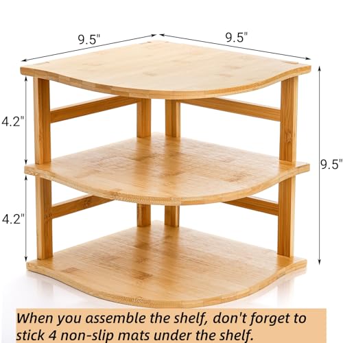 Image of Goaste 3-Tier Bamboo Corner Shelf, Kitchen Countertop Storage Organizer, Cabinet Plate Rack for Pantry Organization, Bathroom, Desktop, 9.5 x 9.5 x 9.5 Inch (Pack of 2)