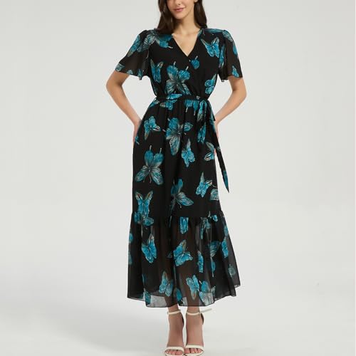 Image of Women's Summer Bohemian Floral Chiffon Dress Cap Sleeve V Neck Ruffle Long Flowy Boho Casual Vacation Dresses