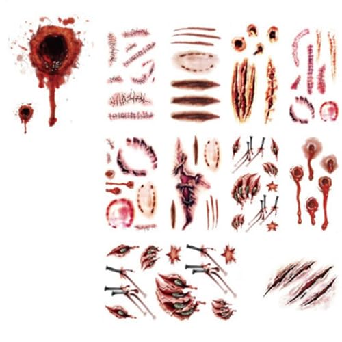 Tatuajes falsos de etiqueta de halloween-tatto-tattú, tatuajes faciales duraderos y espeluznantes de Halloween | Tatuajes de garra de sangre fácil de usar, cabeza de lobo y cicatriz para disfraces