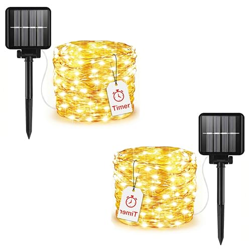 Kimuwote 2 Pack Solar Lights Outdoor 8M 60LED Solar Garden Light 8 Mode Waterproof Copper Wire Decorative String Lights for Patio Trees Party(Warm White)