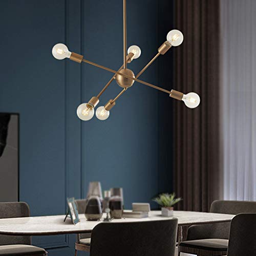 6-Light Sputnik Chandelier, Modern Pendant Lighting, Mid Century Adjustable Gold Ceiling Light, E26 Hanging Light Industrial Pendant Lighting for Kitchen Dining Room Living Room 6-Light Sputnik Chandelier, Modern Pendant Lighting, Mid Century Adjustable Gold Ceiling Light, E26 Hanging Light Industrial Pendant Lighting for Kitchen Dining Room Living Room