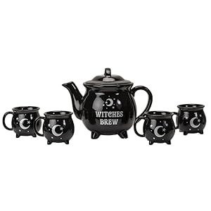 Ebros Gift Wicca Witchcraft Sacred Crescent Moon And Stars Witches Brew Black Cauldron Teapot And 4 Mug Cups Coffee Tea Pot Drink Cup Mugs Set