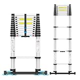 15.5FT Telescoping Ladder, Collapsible Ladder with Bottom Stabilizers, Slow Descent, One-Click Retraction to Protect Finger，Suitable for RV or Outdoor Work