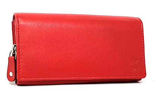 Ladies RFID Clutch Wallet Soft Genuine Leather Flap Over Women Purse Credit Cardholder, ID And Coin Organizer 5510 (Red)
