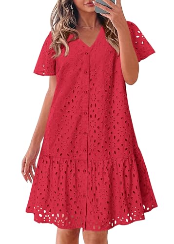 Image of KIRUNDO Eyelet Dresses for Women Button Down Mini Babydoll | 2026 Summer Short Sleeve Boho Sundress, Loose Fit V Neck Short Dress With Pockets, A Line, Cruise Beach Vacation Outfits