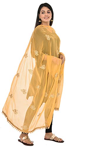 Image of YOUTHQUAKE Golden Patti Embroidered Work Chiffon Dupatta for Womens & Girls with Jaalar Lace