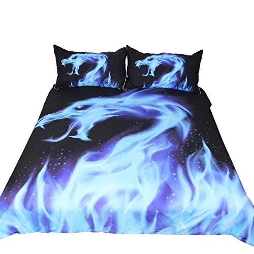 Pterygoid Collection Blue Fire Parure de lit avec housse de couette et taie d'oreiller Motif dragon chinois 135 x 200 cm Pour lit de 90 cm Cover