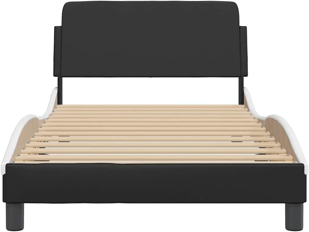 Twin Bed Frame Black and White Faux Leather Platform with Storage, Sturdy Heavy-Duty Metal and Plywood Foundation for Modern Minimalist Bedroom Mattress Support