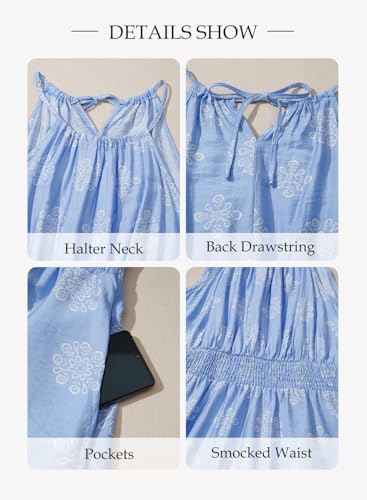 Image of BLENCOT Womens Summer Beach Halter Neck Dresses Casual Smocked A Line Floral Mini Dress with Pockets