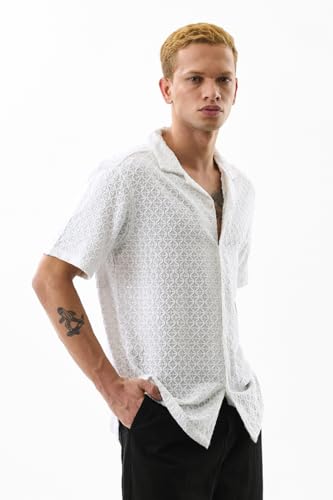 Image of SNITCH Men Casual Shirt | Regular Fit Half Sleeve Cuban Collar Textured Pattern with Embellished Sequins | 100% Viscose & Breathable Fabric for Everyday Wear