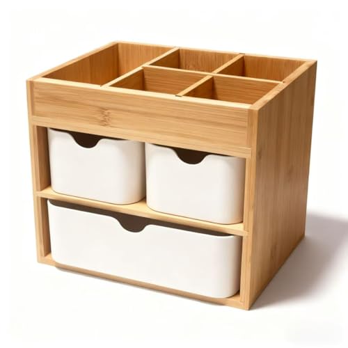 ACOOCLUB Bamboo Makeup Organizer with Drawers, Adjustable Cosmetic Desk Organizer