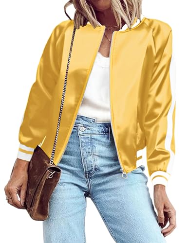 Zeagoo Womens Classic Solid Striped Biker Jacket Zip Up Fashion Bomber Jacket Coat Gold Small