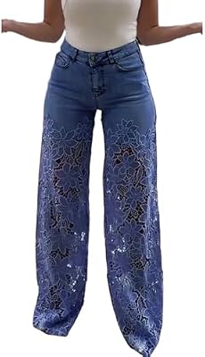 Sezhgswd Women's Lace Patchwork Jeans High Waisted Straight Wide Leg Hollow Out Sheer Flower Baggy S...