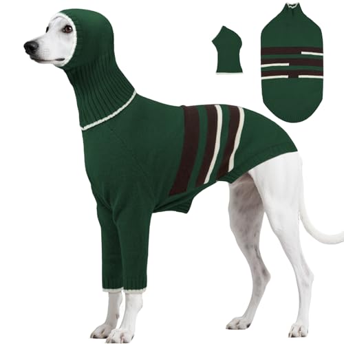 DENTRUN Greyhound Dog Sweater XS with Detachable Hood - Warm Winter Knit Hoodie for Long Neck Dogs, Turtleneck Cold Weather Clothes with Leash Hole for Whippet, Basenji, Miniature Pinscher