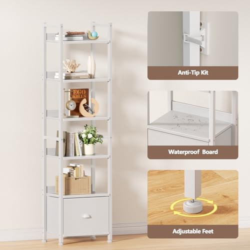Image of Furologee 6 Tier Bookshelf, Tall Shelf with Drawer, Wood and Metal Bookshelves Storage Organizer, Modern Display Shelving Unit for Bedroom, Living Room, Home Office, White
