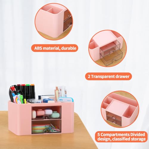 Image of ZIBUYU Desk Organiser Office Table with 2 Drawers & 5 Compartments, ABS Pen Holder /Stand for Office Table, Stationary Organizers Box, for Stationery, Makeup & Study Organization(Pink)