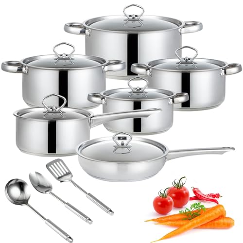 Mylindde Stainless Steel Pots and Pans Set 15 Piece Superior Stainless Steel Nonstick Pots and Pans Set Non-Stick Cookware Set Use With Any Stove Or Oven Cookware Set Dishwasher Safe From (A)