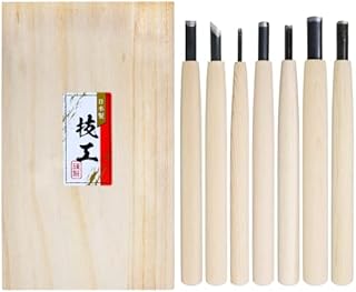 KAKURI Japanese Wood Carving Knife Set (7 Pcs) Made in Japan, Professional Wood Carving Tools for Linoleum Carving, Linocut, Printmaking, AOGAMI Blue Paper Steel #2 Blade
