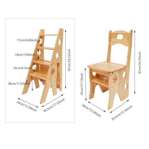 Tabouret pliant avec échelle - Échelle 2 en 1 en bois massif (pin) - 4 marches et charge maximale de 100 kg - Pour cuisine, salon et jardin - Pliable et peu encombrant (couleur bois) – vue 2