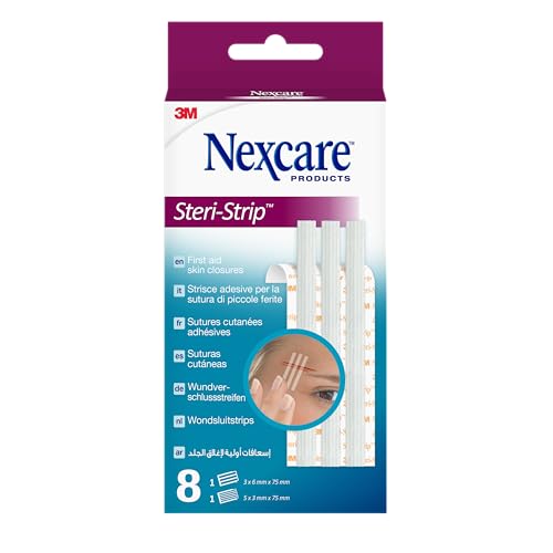 Nexcare Cierres de Piel Steri-Strip, Tamaños Variados, 8 tiras adhesivas por paquete, adecuados para asegurar y cerrar pequeños cortes y heridas, apósitos para kits de primeros auxilios