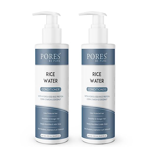 Image of PORES Be Pure Rice Water Hair Conditioner with Hydrolyzed Rice Protein, Corn Starch & Coconut | Deep Nourishment & Shine | Anti Hair Fall Conditioner for Strong, Thick & Frizz-Free Hair | For All Hair Types - Men & Women - ( 250 ml X 2 )