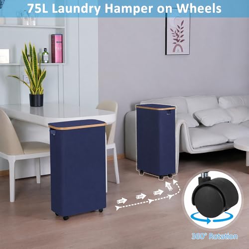 Image of efluky Slim Laundry Hamper with Wheels, Narrow Laundry Basket with Lid and Removable Bag, Aesthetic Dirty Clothes Hamper on Wheels for Laundry Room, Bedroom, Dorm and Bathroom, 75L Beige