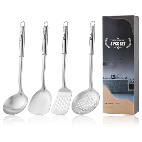 4PCS Cooking Utensils Set, OHOLA Stainless Steel Kitchen Cooking Utensils Set, Metal Cooking Utensils Set Include Wok Ladle, Slotted Spoon, Wok Spatula and Slotted Spatula, Dishwasher Safe Cover