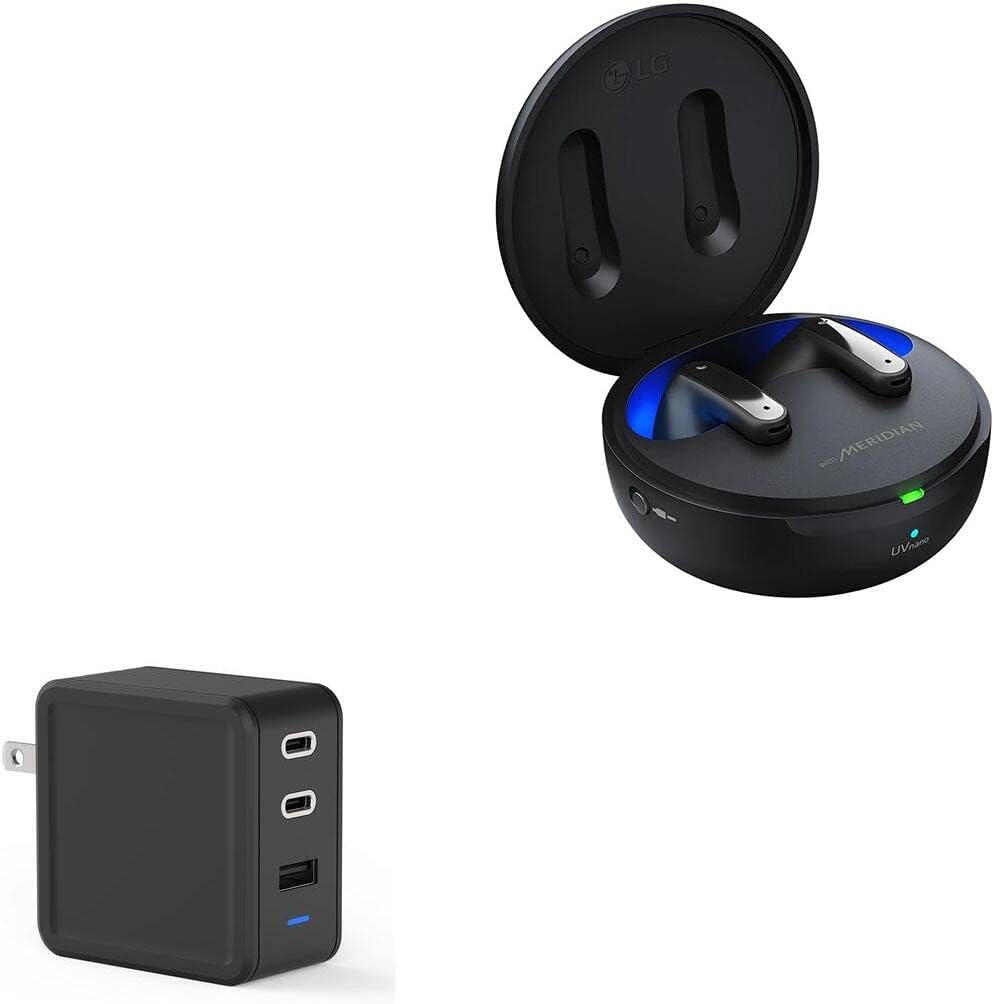 BoxWave Charger Compatible with LG Tone Free FP9 - PD GaNCharge Wall Charger (65W), 65W Tiny PD GAN Type-C and Type-A Wall Charger for LG Tone Free FP9 - Jet Black