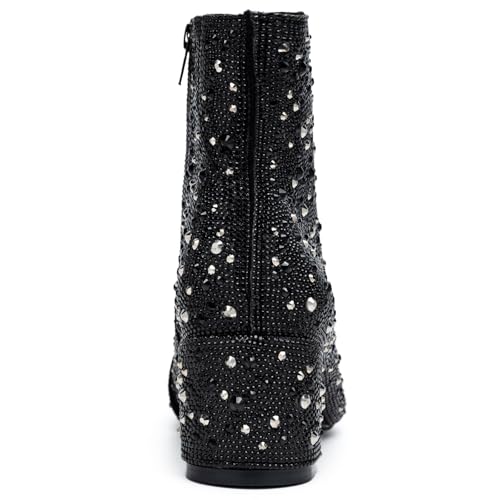 Image of YAYONE Rhinestone Zipper Sparkly Ankle Boots - Glitter Pointed Toe Fashion Comfortable Shoes, Pull on Chunky Heel Western Boots