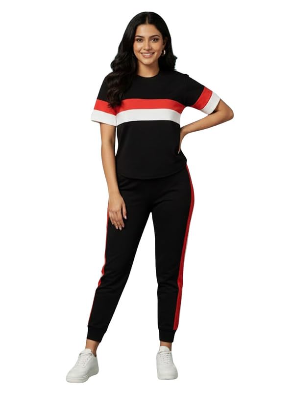 dtr fashion Women's Black Cotton Blend Front Taped Tracksuit | Co-ord Set For Women|Track Suit Set For Women-picture-42