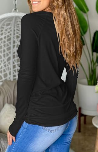 PiePieBuy Women's Thumb Hole T-Shirt Long Sleeve Crew Neck Plain Shirts Casual Ruched Tee Tops3