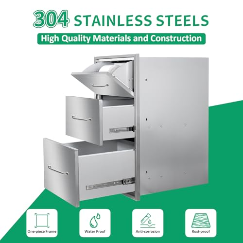 Image of Outdoor Kitchen Drawers 17 inch W x 30 inch H x 20 inch D Stainless Steel Paper Towel Drawers with Ergonomic Handle for BBQ Island, Patio Grill Station & Outdoor Kitchen Cabinets