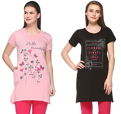Image of In Love Pocket Tshirts for Women for Summer Long Length (Combo) (Deep Black :: Melange Pink) (XXXX-Large-48)